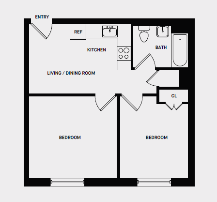 Floor plan for 2 beds, 1 bath, 526 sqft